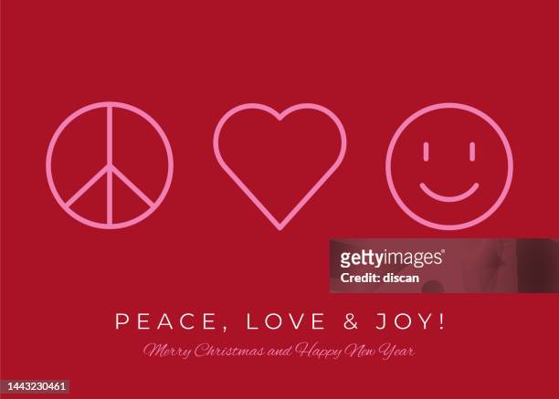 happy holiday designvorlage mit symbolen für frieden, liebe und freude. - symbols of peace stock-grafiken, -clipart, -cartoons und -symbole