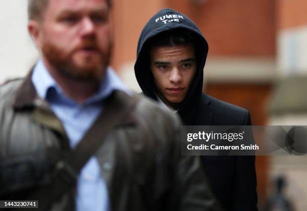 Manchester United footballer, Mason Greenwood leaves Manchester's Minshull Street Crown Court on the first day of his trial on November 21, 2022 in...