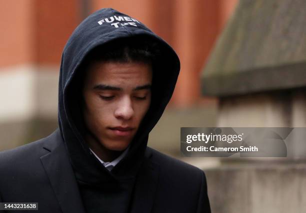 Manchester United footballer, Mason Greenwood leaves Manchester's Minshull Street Crown Court on the first day of his trial on November 21, 2022 in...