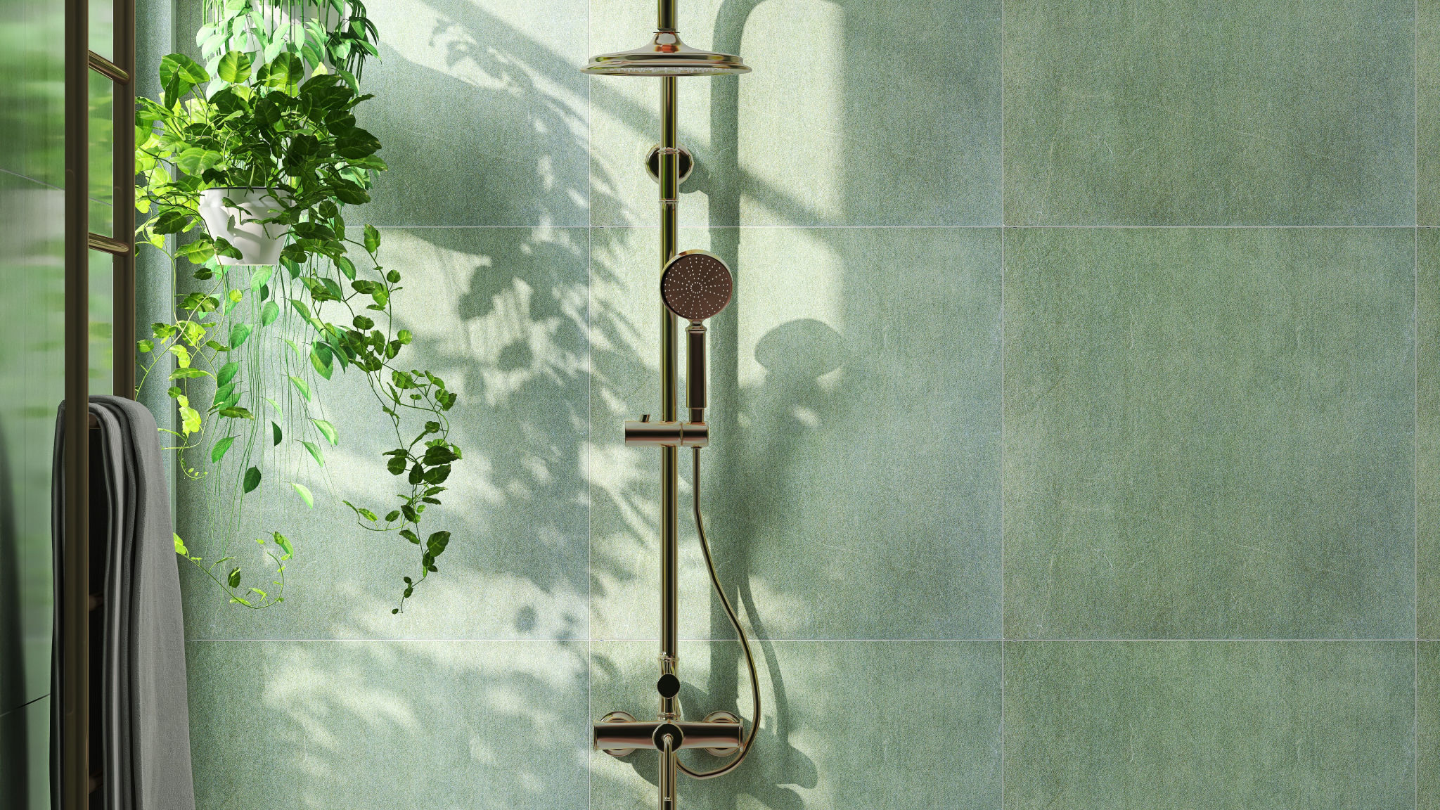 Modern and luxury bathroom design with shiny gold colored rain shower, shower head on slide bar on beautiful green granite wall and creeper plant with sunlight from window Modern and luxury bathroom design with shiny gold colored rain shower, shower head on slide bar on beautiful green granite wall and creeper plant with sunlight from window