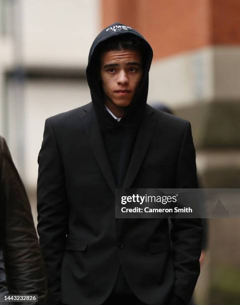 Manchester United footballer, Mason Greenwood leaves Manchester's Minshull Street Crown Court on the first day of his trial on November 21, 2022 in...