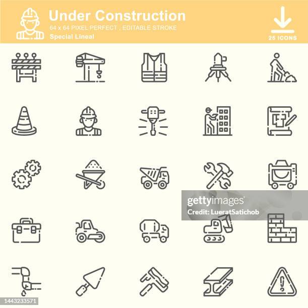 under construction special lineal icons , editable stroke , 64x64 pixel perfect - tractor repair stock illustrations