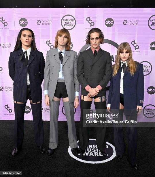 Ethan Torchio, Thomas Raggi, Damiano David and Victoria De Angelis of Måneskin attend the 2022 American Music Awards at Microsoft Theater on November...