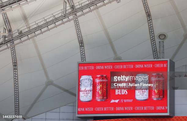 Detailed view of the Budweiser branding on an LED board prior to the FIFA World Cup Qatar 2022 Group B match between England and IR Iran at Khalifa...