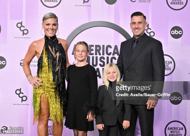 Pink, Willow Sage Hart, Jameson Moon Hart, and Carey Hart attend the 2022 American Music Awards at Microsoft Theater on November 20, 2022 in Los...
