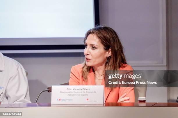 The regional access manager of AstraZeneca Spain, Victoria Piñeiro, speaks at the 1st 'Woman Day Cancer' in the auditorium of the Hospital...