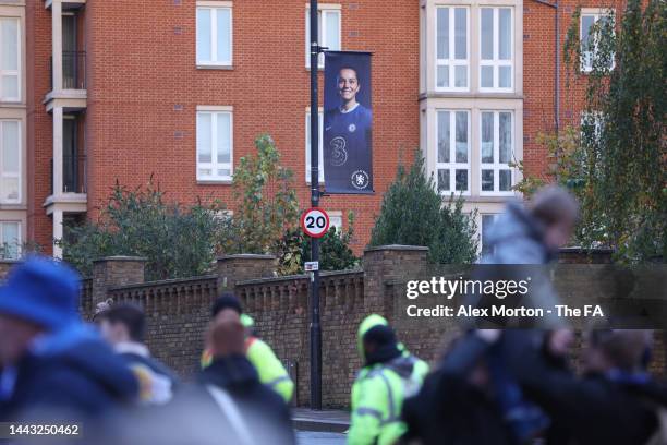 General view of flags outside the stadium prior to the FA Women's Super League match between Chelsea and Tottenham Hotspur at Stamford Bridge on...