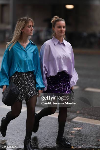 Marlene Fey seen wearing light purple blouse SoSUE Antonia, H&M glitter skirt, VeeCollective beige handbag, Zara earrings, Dr. Martens black loafer...