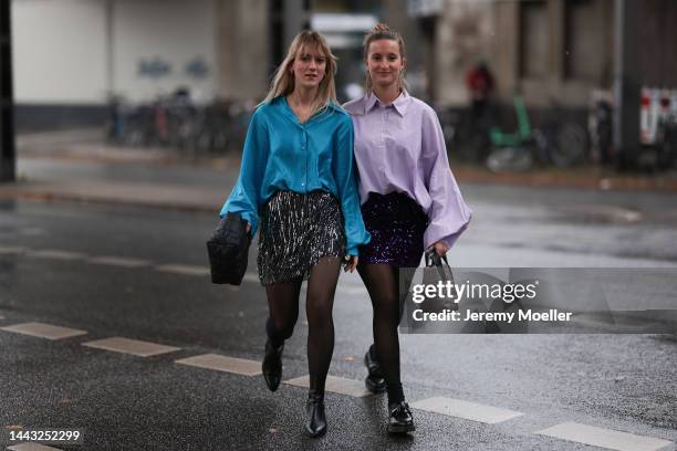 Marlene Fey seen wearing light purple blouse SoSUE Antonia, H&M glitter skirt, VeeCollective beige handbag, Zara earrings, Dr. Martens black loafer...