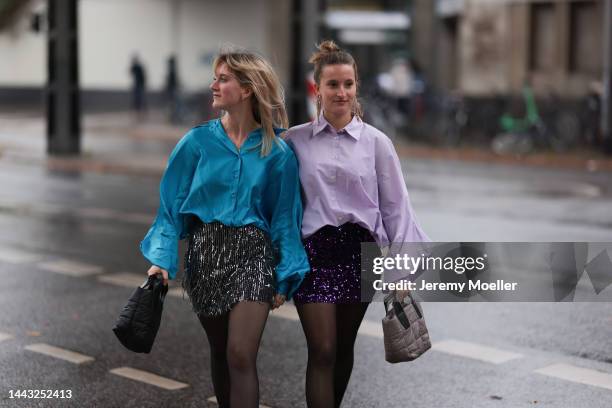 Marlene Fey seen wearing light purple blouse SoSUE Antonia, H&M glitter skirt, VeeCollective beige handbag, Zara earrings, Dr. Martens black loafer...