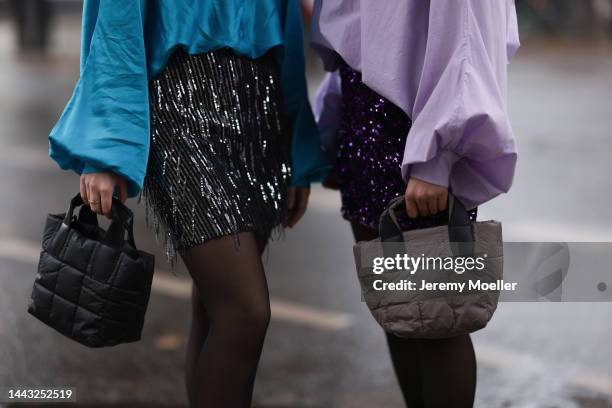 Marlene Fey seen wearing light purple blouse SoSUE Antonia, H&M glitter skirt, VeeCollective beige handbag, Zara earrings, Dr. Martens black loafer...