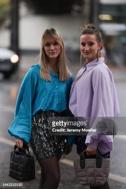 Marlene Fey seen wearing light purple blouse SoSUE Antonia, H&M glitter skirt, VeeCollective beige handbag, Zara earrings, Dr. Martens black loafer...