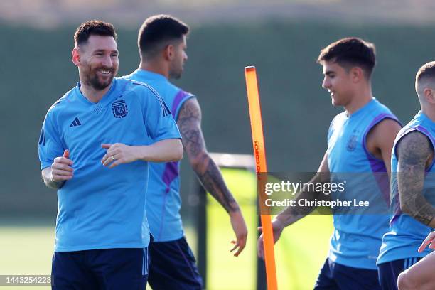 Lionel Messi of Argentina reacts during the Argentina Training Session at Qatar University training facilities on November 21, 2022 in Doha, Qatar.