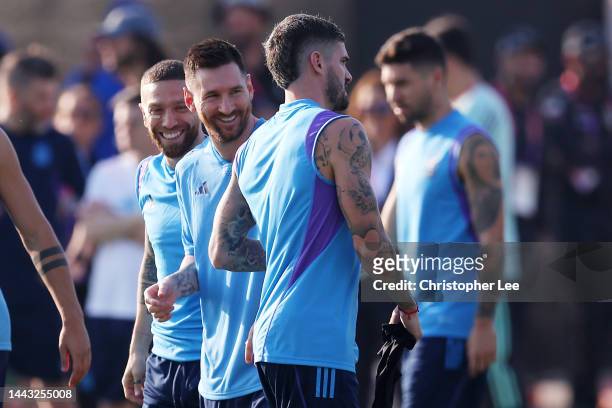 Lionel Messi of Argentina reacts during the Argentina Training Session at Qatar University training facilities on November 21, 2022 in Doha, Qatar.
