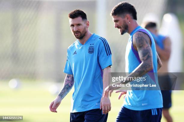 Lionel Messi of Argentina looks on during the Argentina Training Session at Qatar University training facilities on November 21, 2022 in Doha, Qatar.