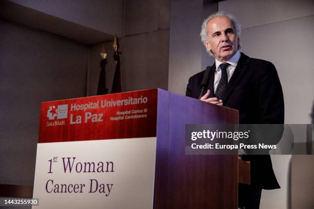 The Regional Minister of Health of the Community of Madrid, Enrique Ruiz Escudero, speaks at the closing ceremony of the 1st 'Woman Day Cancer' in...