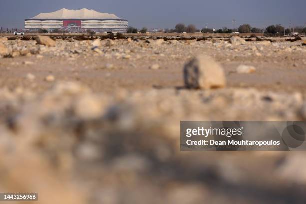 General view outside the stadium from a desert road leading up to the venue prior to the FIFA World Cup Qatar 2022 Group A match between Qatar and...