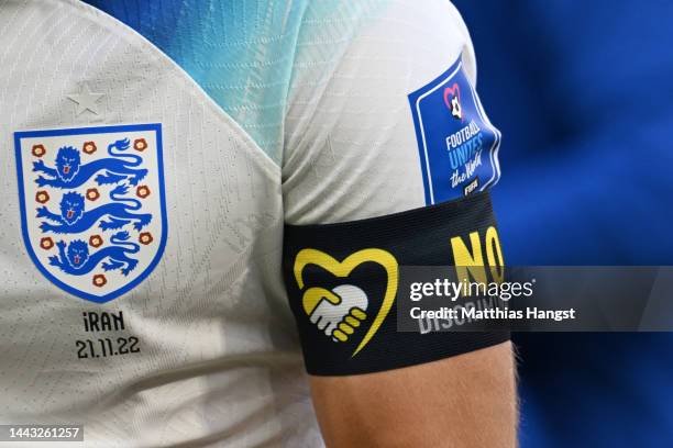 Detail of the No Discrimination captain's armband of Harry Kane of England during the FIFA World Cup Qatar 2022 Group B match between England and IR...