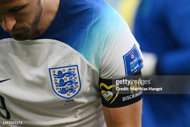 Detail of the No Discrimination captain's armband of Harry Kane of England during the FIFA World Cup Qatar 2022 Group B match between England and IR...