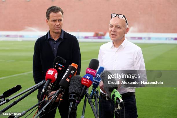 Oliver Bierhoff, team manager of team Germany and Bernd Neuendorf, president of the German Football Association DFB speaks to the media prior to a...