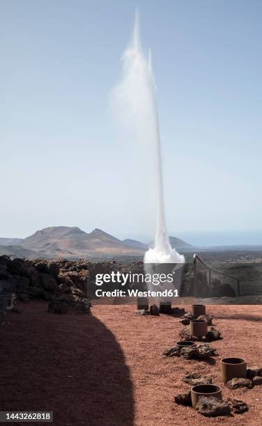 spain, canary islands, erupting geyser in timanfaya national park - timanfaya national park 個照片及圖片檔