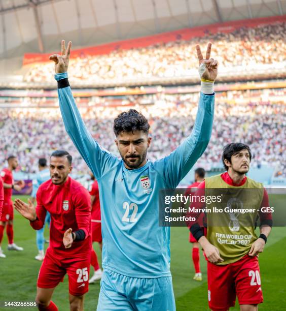 Amir Abedzadeh of Iran reacts prior the FIFA World Cup Qatar 2022 Group B match between England and IR Iran at Khalifa International Stadium on...