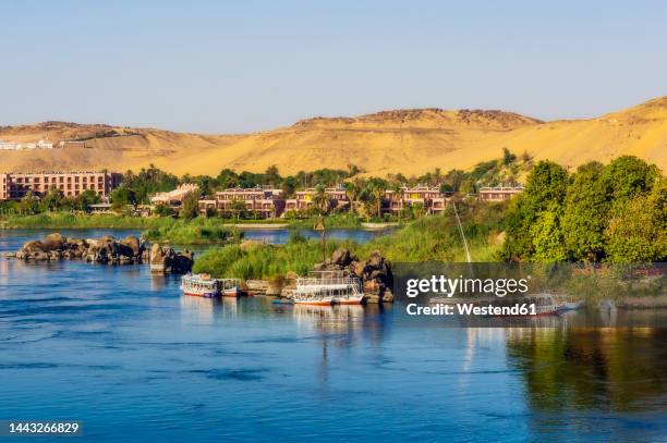 egypt, aswan governorate, aswan, tourboats moored on bank of nile river - ナイル川 ストックフォトと画像