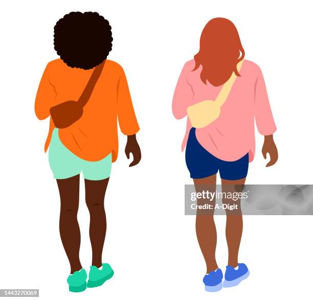 illustrazioni stock, clip art, cartoni animati e icone di tendenza di camicia arancione indipendente della donna che cammina - vista dalla parte posteriore di un veicolo