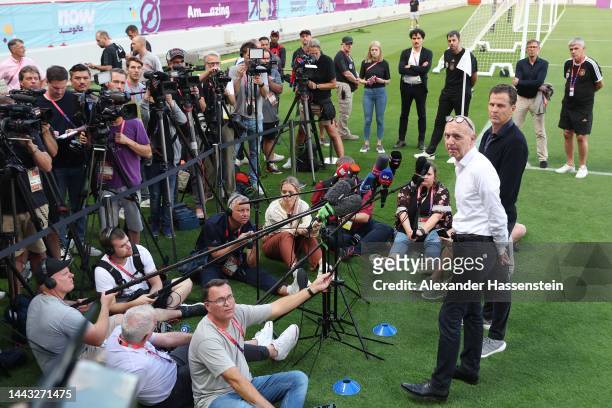 Oliver Bierhoff, team manager of team Germany and Bernd Neuendorf, president of the German Football Association DFB speaks to the media prior to a...