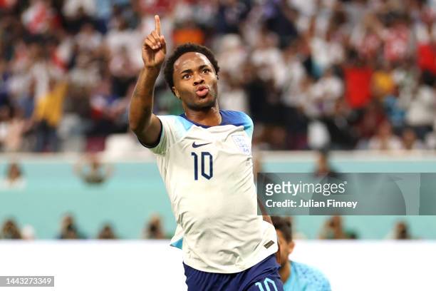 Raheem Sterling of England celebrates after scoring their team's third goal during the FIFA World Cup Qatar 2022 Group B match between England and IR...