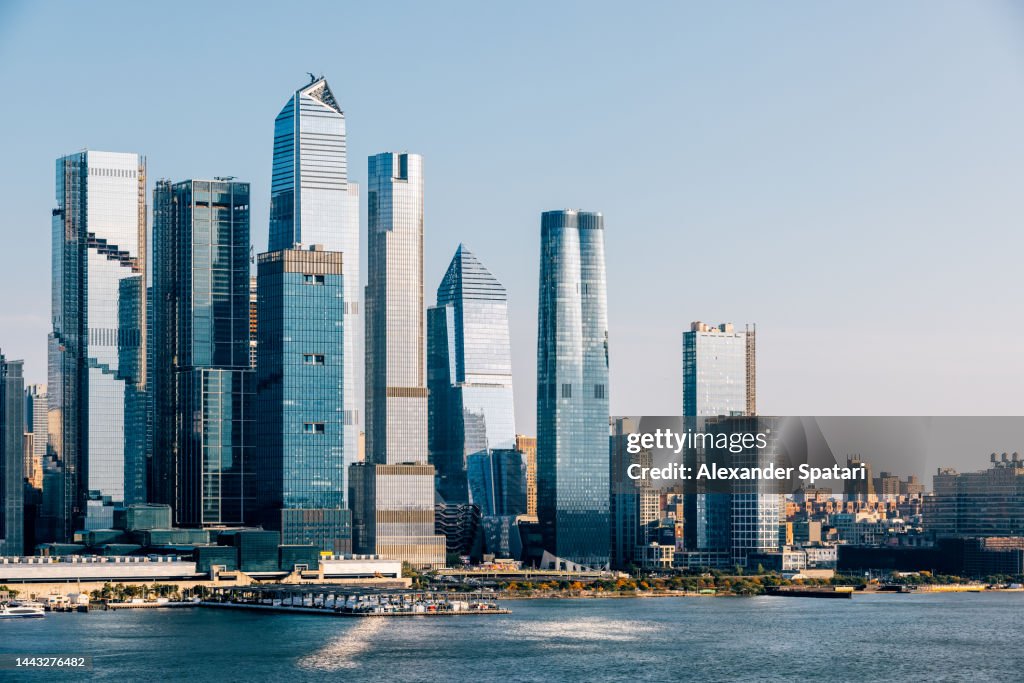 Skyscrapers of Hudson Yards on a sunny day with clear blue sky, New York City, USA