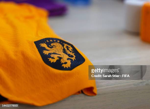 The Netherland national team logo is seen in the Netherlands dressing room ahead of the FIFA World Cup Qatar 2022 Group A match between Senegal and...