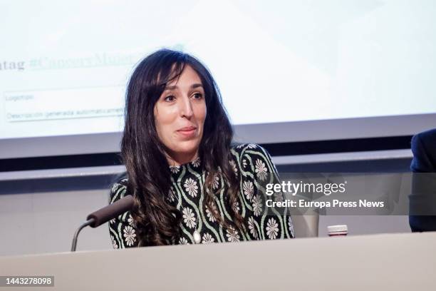 Metastatic breast cancer patient and spokesperson for Cabezotas against cancer, Sara Ouass, speaks at the 1st 'Woman Day Cancer' event in the...