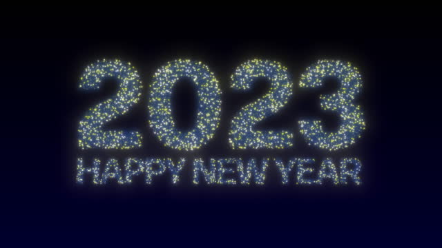 Happy New Year and Christmas 2023 sparkling blue text animation on black background. Colourful dynamic numbers and glittering bright countdown. Elegant shiny particles.