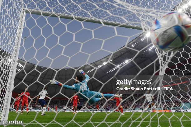 Raheem Sterling of England scores their team's third goal during the FIFA World Cup Qatar 2022 Group B match between England and IR Iran at Khalifa...