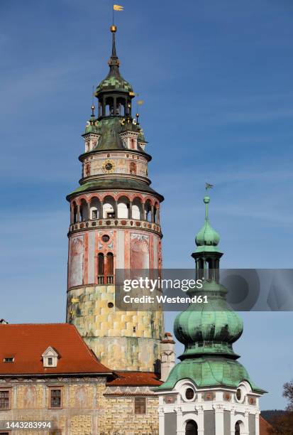 czech republic, south bohemian region, cesky krumlov, towers of cesky krumlov castle and saint jost church - bell tower tower stock pictures, royalty-free photos & images