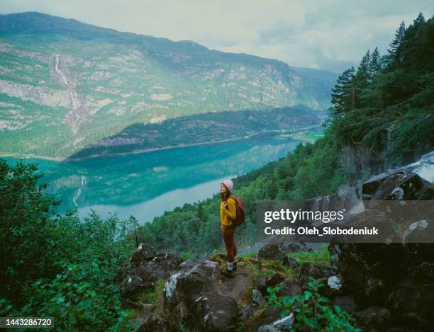 mujer de pie cerca de la poderosa cascada en las montañas de noruega - sunday in the valley fotografías e imágenes de stock