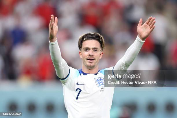 Jack Grealish of England celebrates after scoring their team's sixth goal during the FIFA World Cup Qatar 2022 Group B match between England and IR...