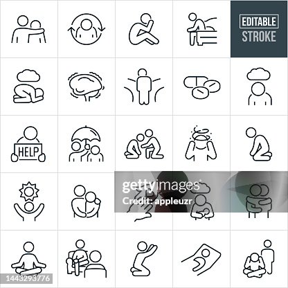 Iconos de línea delgada de salud mental - Accidente cerebrovascular editable - Los iconos incluyen enfermedad mental, depresión, ansiedad, trastorno bipolar, trastorno mental, persona, adolescente, adulto, tristeza, esquizofrenia, esperanza, ayuda Iconos de línea delgada de salud mental - Accidente cerebrovascular editable - Los iconos incluyen enfermedad mental, depresión, ansiedad, trastorno bipolar, trastorno mental, persona, adolescente, adulto, tristeza, esquizofrenia, esperanza, ayuda