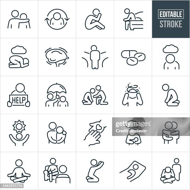 stockillustraties, clipart, cartoons en iconen met mental health thin line icons - editable stroke - icons include mental illness, depression, anxiety, bipolar, mental disorder, person, teenager, adult, sadness, schizophrenia, hope, help - psychologie
