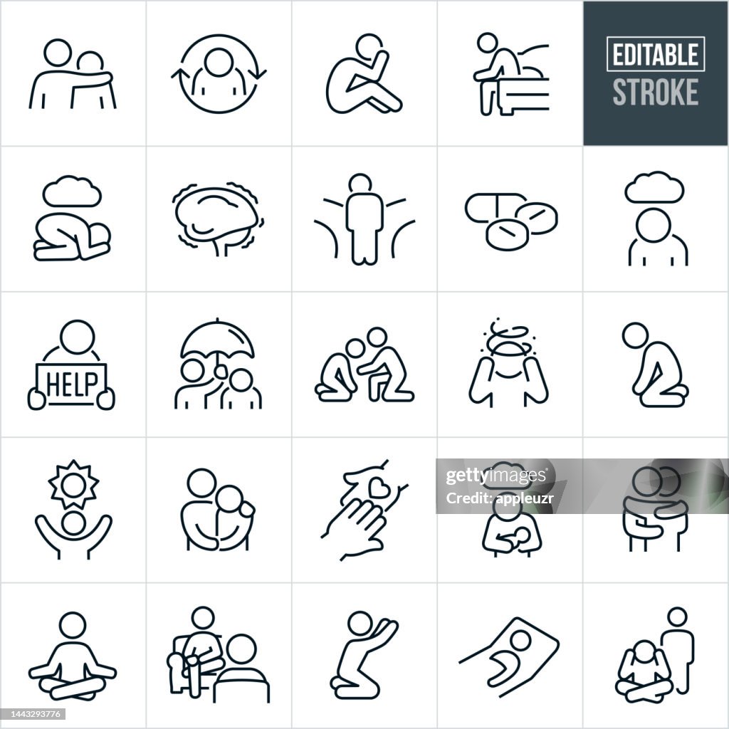 Mental Health Thin Line Icons - Editable Stroke - Icons Include Mental Illness, Depression, Anxiety, Bipolar, Mental Disorder, Person, Teenager, Adult, Sadness, Schizophrenia, Hope, Help