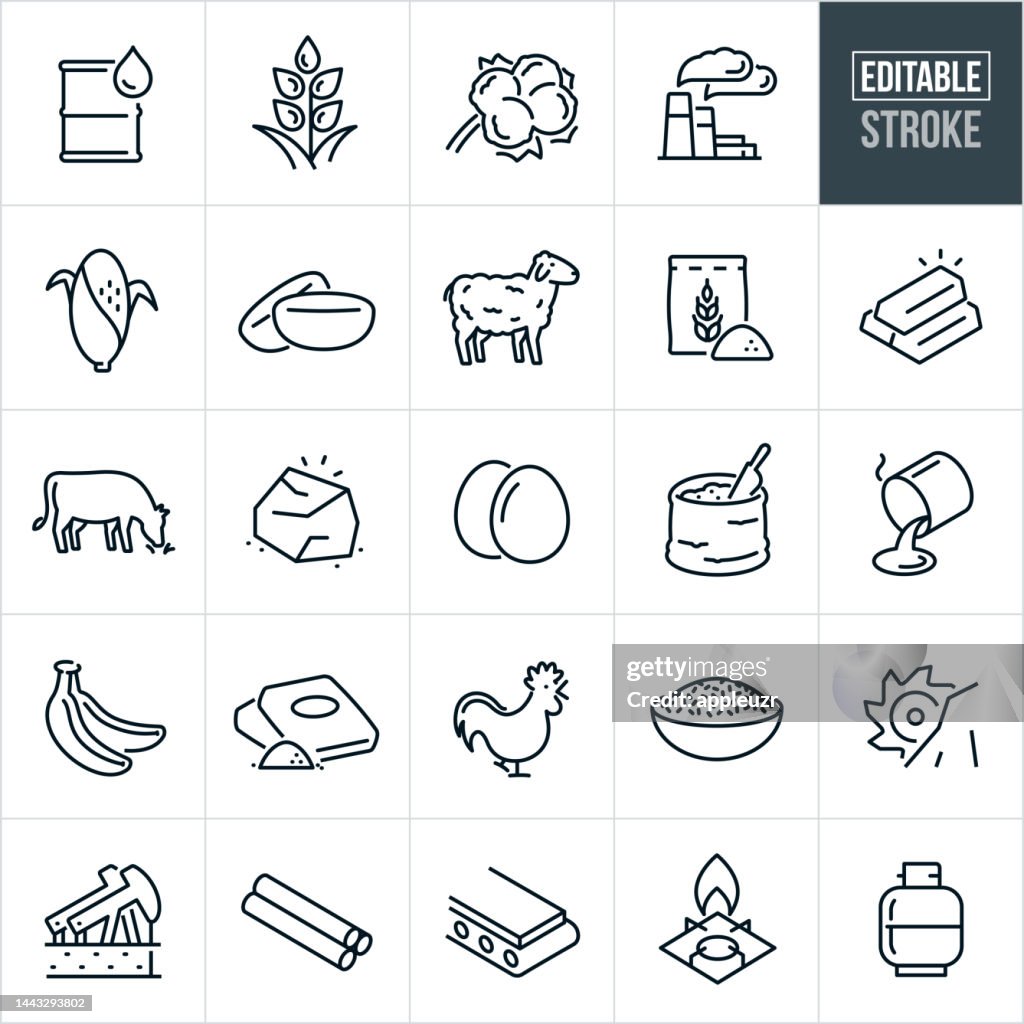 Commodities Thin Line Icons - Editable Stroke - Icons Include Commodities, Raw Materials, Energy, Agriculture, Oil, Cotton, Corn, Wool, Gold, Steel, Cocoa, Sugar, Rice, Copper, Natural Gas, Propane