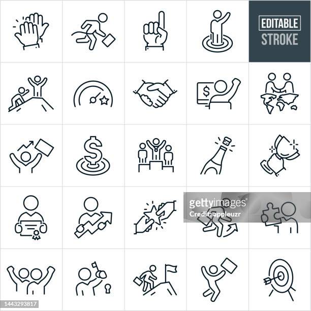 business success thin line icons - editable stroke - icons include success, achievement, accomplishment, businessman, business person, business, award, recognition, handshake, aspirations, triumph, performance - hand sign stock illustrations