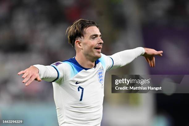 Jack Grealish of England celebrates after scoring their team's sixth goal during the FIFA World Cup Qatar 2022 Group B match between England and IR...