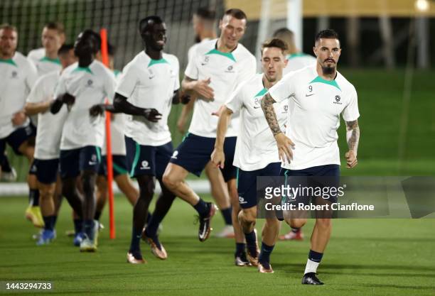 Jamie Maclaren of Australia warms up during the Australia Training Session at Aspire Training Ground on November 21, 2022 in Doha, Qatar.