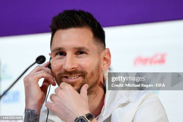 Lionel Messi of Argentina reacts during the Argentina match day -1 Press Conference at Main Media Center on November 21, 2022 in Doha, Qatar.