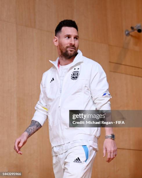 Lionel Messi of Argentina takes to the Argentina match day -1 Press Conference at Main Media Center on November 21, 2022 in Doha, Qatar.