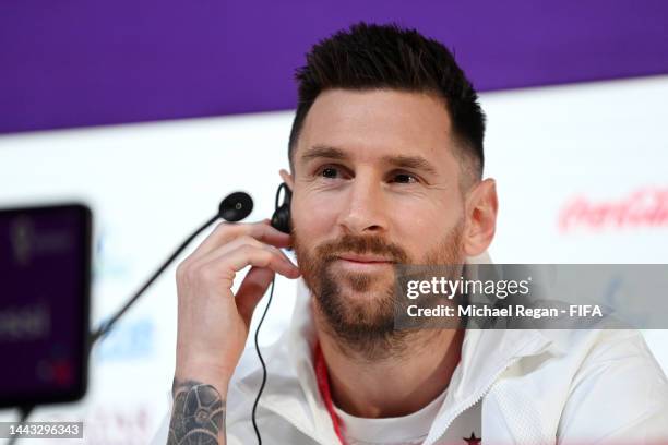 Lionel Messi of Argentina reacts during the Argentina match day -1 Press Conference at Main Media Center on November 21, 2022 in Doha, Qatar.