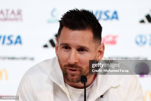 Lionel Messi of Argentina speaks during the Argentina match day -1 Press Conference at Main Media Center on November 21, 2022 in Doha, Qatar.