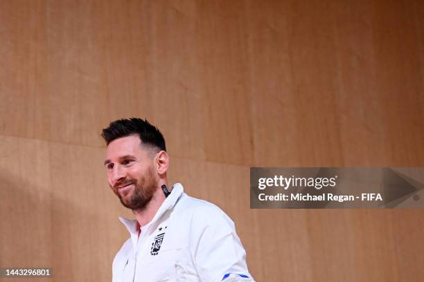 Lionel Messi of Argentina takes to the Argentina match day -1 Press Conference at Main Media Center on November 21, 2022 in Doha, Qatar.